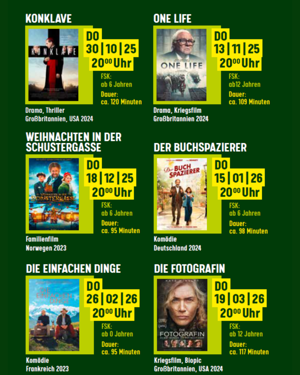 Übersicht über die Filme, die im Feierabendkino laufen