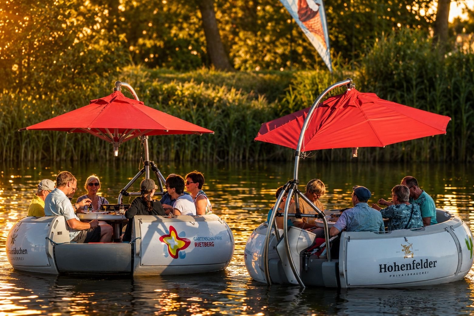 Auf dem Obersee fahren die BBQ-Boote.
Die Boote heißen BBQ-Boote.