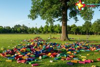 Bunte Großbausteine auf der grünen Wiese.