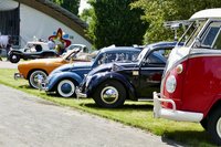 Historische Fahrzeuge des Typs VW stehen aufgereiht nebeneinander. Im Hintergrund ist die Volksbank-Arena zu sehen.