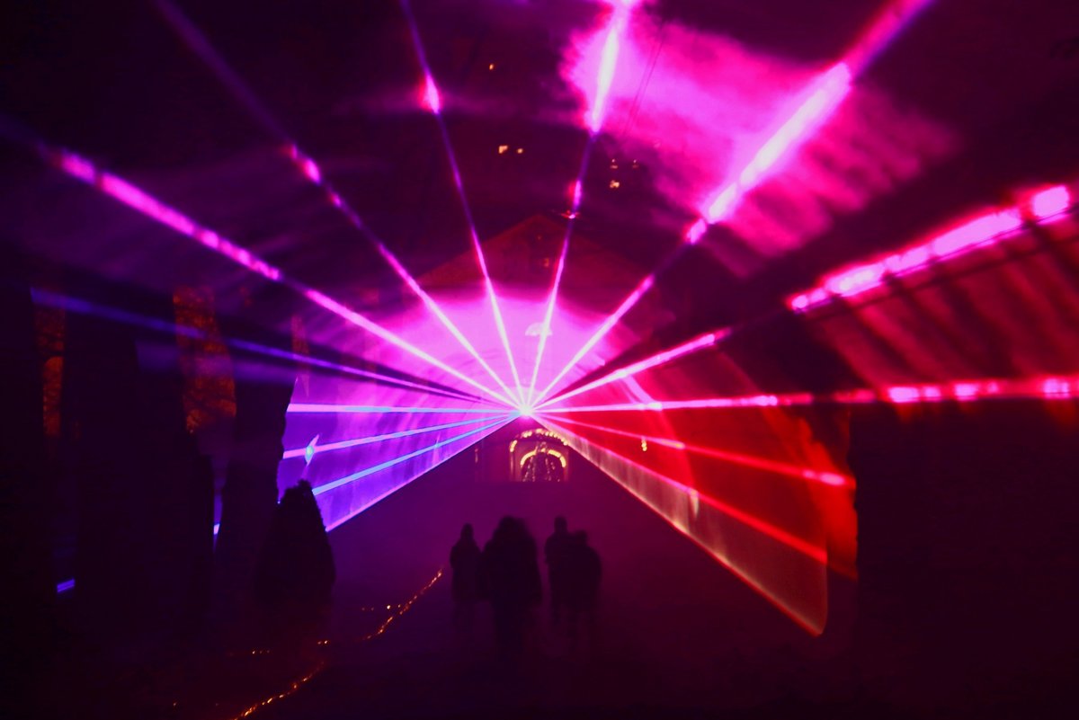 Ein pinkes Bild aus Laserstrahlen in der Dunkelheit.