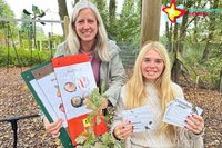 Andrea Sassenberg (links) und Bianca Piekatz mit Schautafeln und Rätselkarten auf einem Spielplatz.