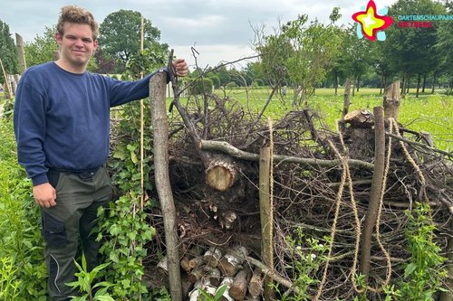 Fynn Wittreck steht an der neuen Totholzmauer.